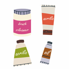 Acrylic paints, oil, brush cleaner liquids in bottles. Painting colours in plastic packs.Art supplies. Flat vector illustration isolated on white background