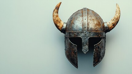 An isolated Viking helmet with a horned design, showing signs of age and battle wear, displayed against a simple, neutral background