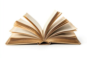 Fototapeta premium An open antique book with pages fanned out and white background.
