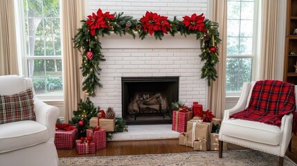 Fototapeta premium A white brick fireplace adorned with Christmas garlands and presents creates a cozy atmosphere in a modern farmhouse styled room filled with natural light