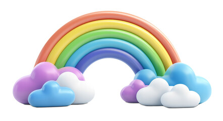 Vibrant rainbow arching over soft, colorful clouds, on transparent background. Ideal for children's designs, nursery decor, fantasy themes. Playful element, cut out, 3D style.