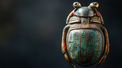 An ornate Egyptian scarab amulet, with faded hieroglyphics and a worn patina, isolated on a dark backdrop to highlight its historical significance