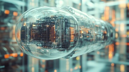 transparent scientific object with embedded microchips and circuits, suspended in mid-air, with soft reflections and a sterile, futuristic backdrop