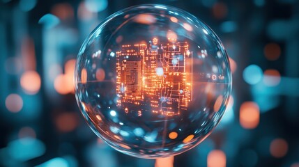 transparent scientific object with embedded microchips and circuits, suspended in mid-air, with soft reflections and a sterile, futuristic backdrop