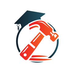 Education and Construction Logo Design with Hammer and Graduation Cap