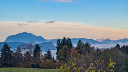 Silhouette of majestic mountain peak Dobratsch seen from karawanks, Rosental, Carinthia, Austria....