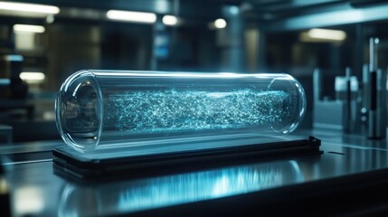 Floating transparent cylinder with visible nano structures inside, placed in a high-tech lab, with soft light illuminating the object, creating a sense of advanced technology.