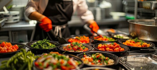 Culinary expert crafting a gourmet dish in a modern, high tech kitchen environment