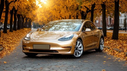 A striking electric concept car featuring sharp lines and large headlights stands parked on concrete, bathed in golden hour light amidst lush green trees, showcasing its vibrant orange body