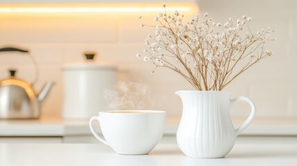 Obraz premium A steaming cup of coffee sits on a white countertop in a soft-lit kitchen, accompanied by a vase of dried flowers and a distant pot of hot tea, creating a cozy ambiance