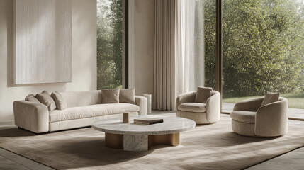 Minimalist living room with modern white sofa and marble coffee table. Elegant interior design with natural light and soft textures
