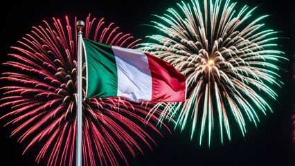 The Italian flag, proudly flying on a flagpole in the foreground, and an impressive fireworks display in the night sky.