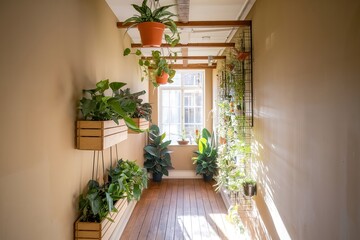 Biophilic Interior Design: Green Hallway with Nature-Inspired Plants, Botanical Decor, and Sustainable Style.