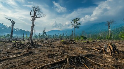 Deforestation aftermath of a storm captures the grim effects of climate change. A barren landscape of toppled trees symbolizes the destruction of our natural heritage. 