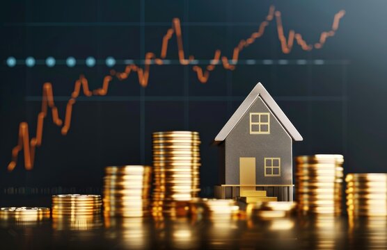 A photo of coins and a house in front of a finance chart, symbolizing real estate value growth with an upward-trending graph in the background. background for real estate related posts.
