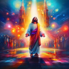 Jesus in town square looking up to God