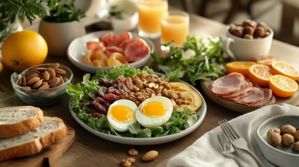fried eggs with salmon and vegetables