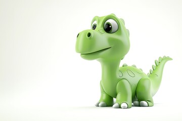 Fototapeta premium Green cartoon dinosaur toy on white background with a smooth texture and smiling face. 3D dinosaur illustration.