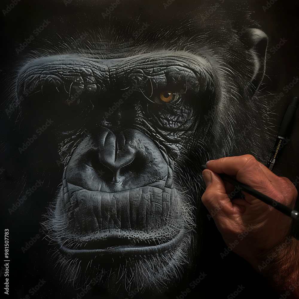 Poster draw aggressive ape portret, shading in the dark on one side