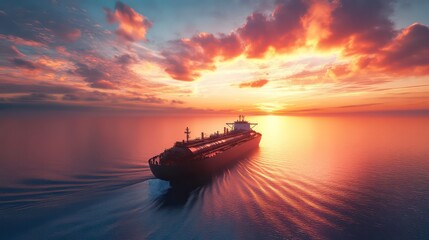 Obraz premium Cargo ship sailing on the ocean at sunset, with golden sky and clouds.