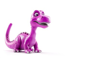 Fototapeta premium Purple cartoon dinosaur toy on white background with smooth textures and a friendly expression. 3D dinosaur illustration.