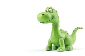 Fototapeta premium Green cartoon dinosaur toy on white background with a smooth texture and smiling face. 3D dinosaur illustration.