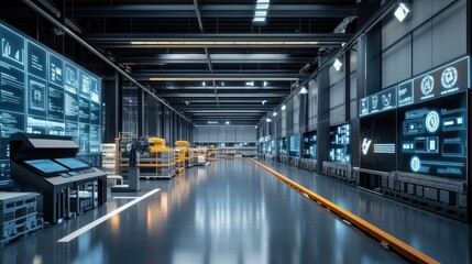 A sleek, futuristic warehouse with digital dashboards and automated sorting robots, showcasing the integration of technology and efficiency in managing inventory and logistics.