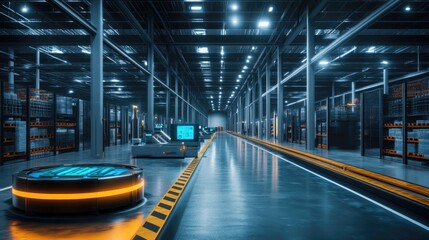 A sleek, futuristic warehouse with digital dashboards and automated sorting robots, showcasing the integration of technology and efficiency in managing inventory and logistics.