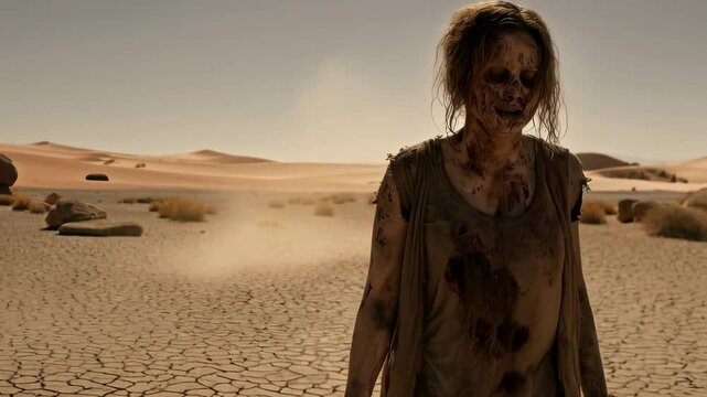 Creepy female Zombie in tattered clothes wandering through desolate desert landscape sand dunes, post apocalyptic scene