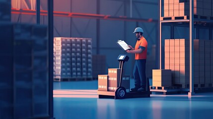 A warehouse employee reads from a clipboard, guiding a pallet jack loaded with goods, highlighting the combination of manual tracking and logistics efficiency.