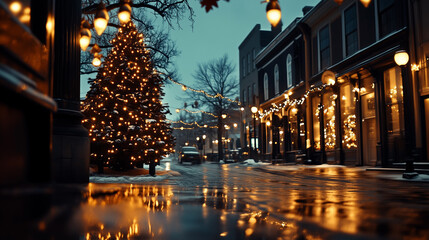 Town square at night near architecture decorated for the holidays with a lit Christmas tree. Generative AI