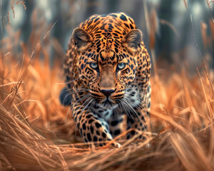 African leopard stalking toward camera