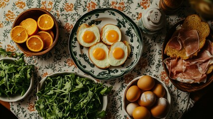 fried eggs with bacon and vegetables