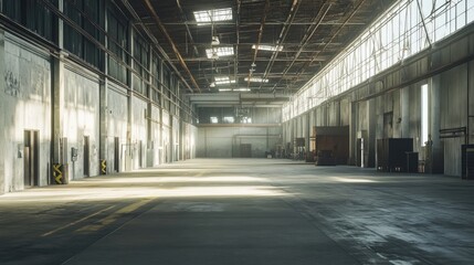 Fototapeta premium Alert: Ensure that the warehouse interior is free from any items or markings that could imply usage. The image should clearly convey an unused and clean space.