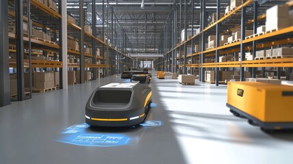 Fototapeta premium An advanced distribution center with AGV robots handling goods and packages, accompanied by infographics demonstrating the efficiency and innovation of automated retail warehouse technology.