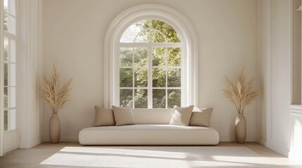 A round cream sofa adorned with brown cushions rests against a white wall under soft lighting. An arched window provides a serene view, while pampas grass adds warmth to the space