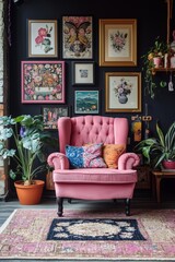 maximalist room with lots of pink and black decor