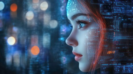 Closeup portrait of a woman with a futuristic digital interface overlay on her face.