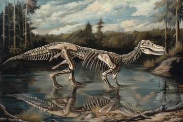 Dinosaur fossil skeleton near a reflective lake in a forest landscape with mountains in the background. 3D dinosaur skeleton.