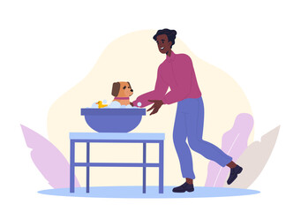 Man wash dog. Young guy bathes puppy in basin of hot water. Cleanliness and hygiene. Routine and household chores. Owner care about domestic animal. Flat vector illustration