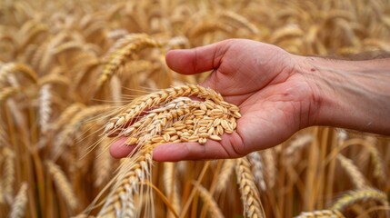 A Hand Gently Holding Wheat Grains While Standing in a Golden Field Filled with Bountiful Crops All Around