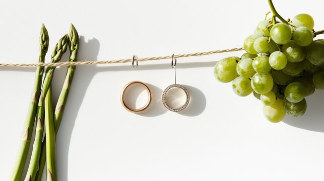 rings on a clothesline with green grapes