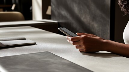A woman's hand uses a smartphone on a white desk.