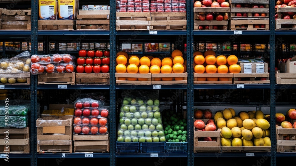 Wall mural brightly colored fruits and neatly packaged goods stored on metal shelving in a spacious industrial 