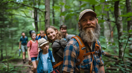 Fototapeta premium Portrait of family with friends on a hiking adventure in the forest