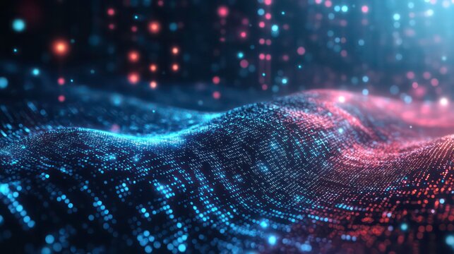 Abstract blue and orange glowing particles on a black background, resembling a digital wave or a futuristic landscape.