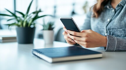 A woman sits at a desk with her phone in her hands, with a notebook and plant in the background.