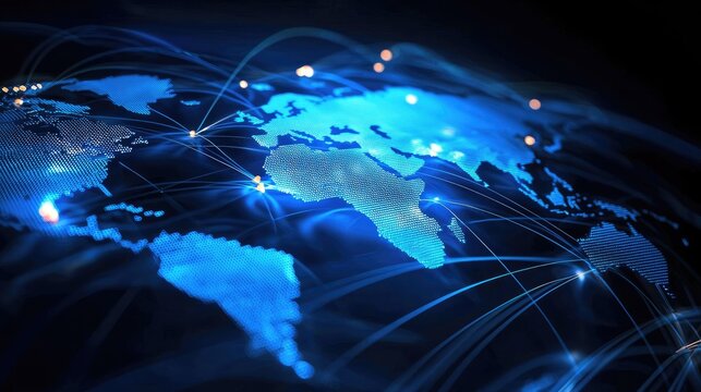 A vibrant digital depiction of a world map connected by glowing lines, symbolizing global communication and connectivity.