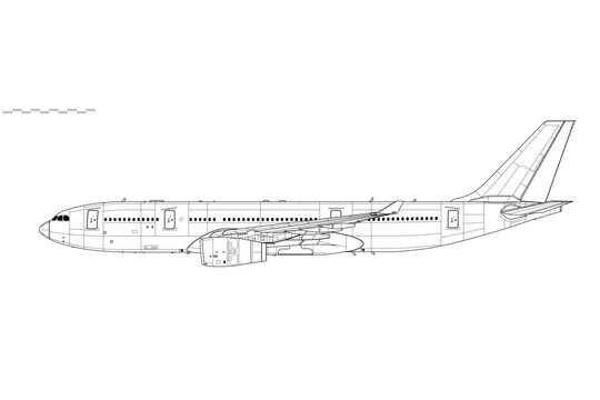 Airbus A330-200. Vector drawing of long-range passenger jet airliner. Side view. Image for illustration and infographics.