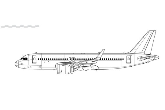 Airbus A320 NEO. Vector drawing of narrow body passenger jet airliner. Side view. Image for illustration and infographics.